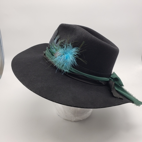 Lack Of Color Accessories - Lack Of Color Med 57cm Black Wool Hat Blue Feather green black band embroidered